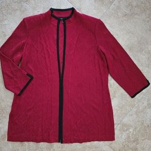 Like New Ming Wang L Knit Jacket Textured Crimson Red Black Trim Tunic Length